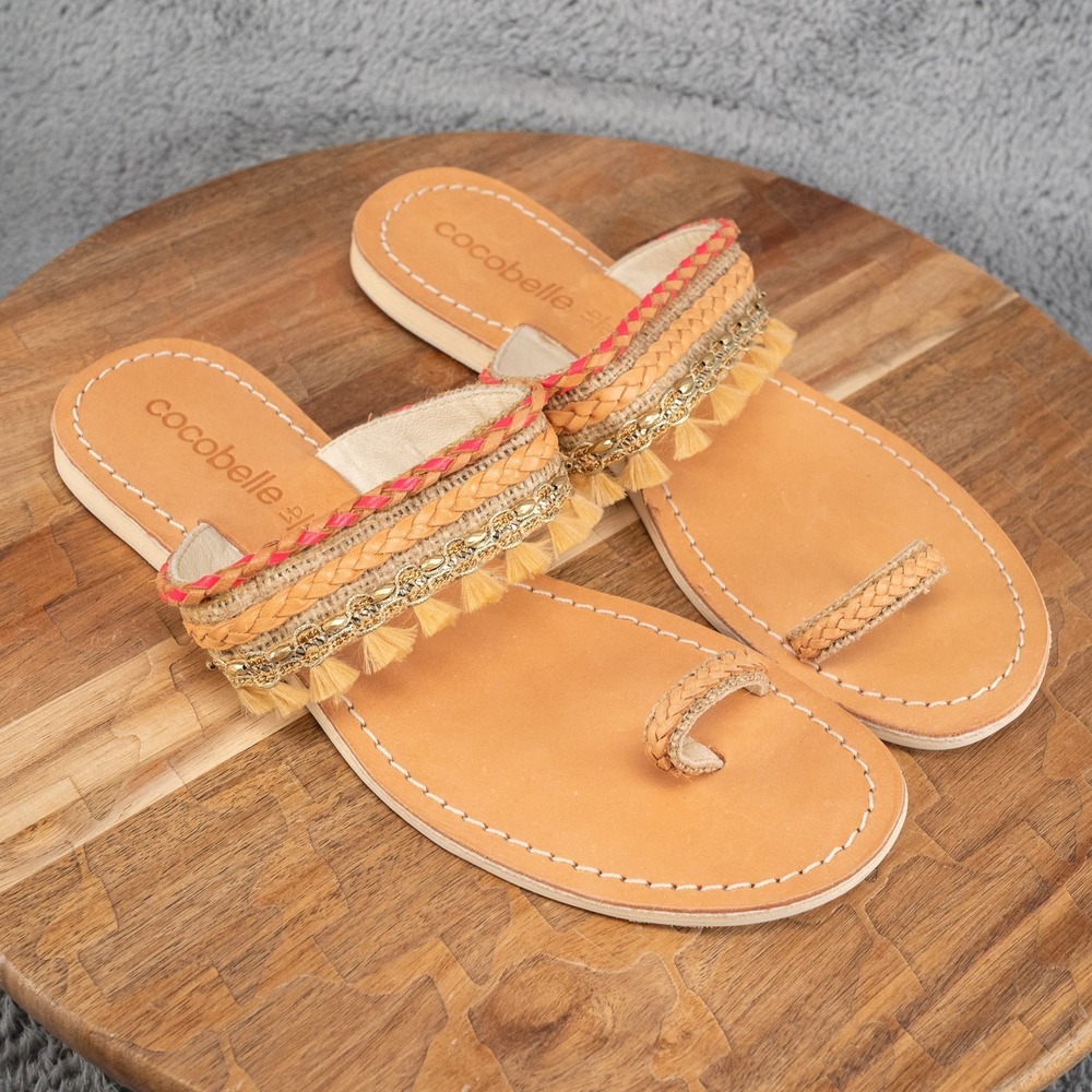 Cocobelle‎ Brown Leather Raffia Woven Summer Sandals Womens Size 10